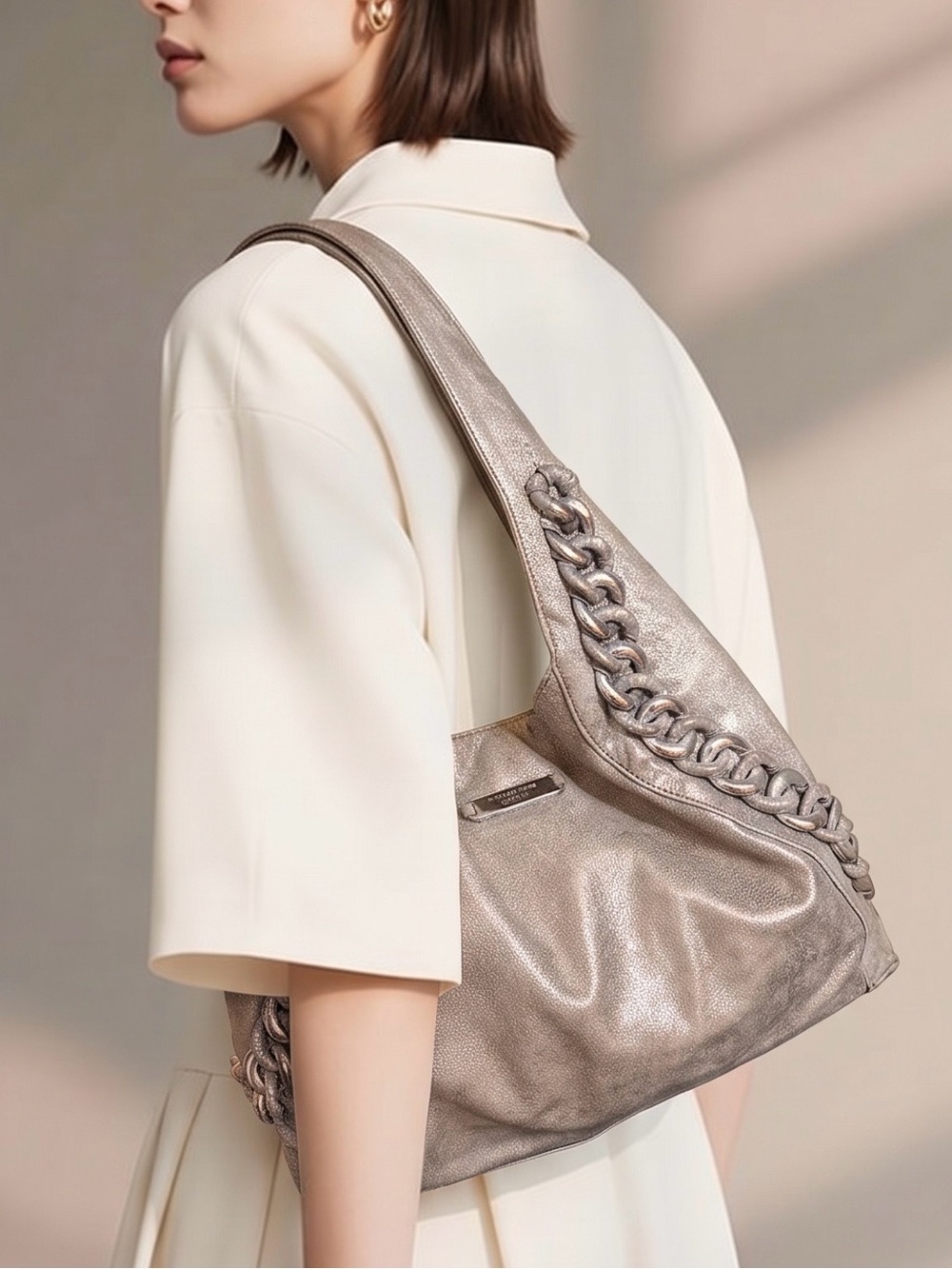 Michael Kors Metallic distressed Pewter Chain-Trim Shoulder Hobo bag